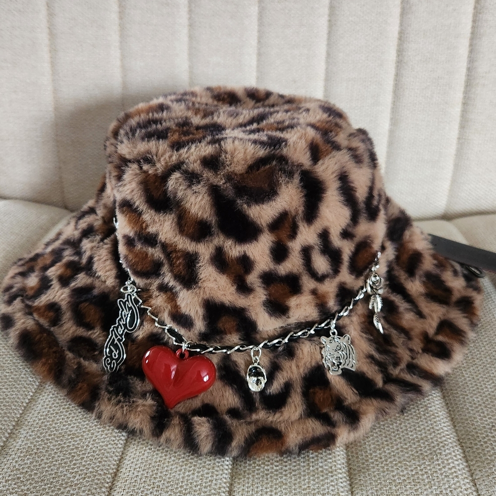 Ed Hardy Leopard Print Faux Fur Hat with Charms NWT